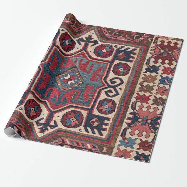 Cartouche Star :: 19th Century Colorful Red Blue Wrapping Paper (Unrolled)