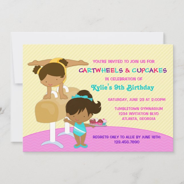 Cartwheels and Cupcakes Gymnastics Birthday Party Invitation (Front)