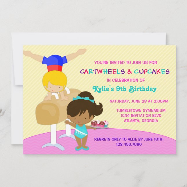 Cartwheels and Cupcakes Gymnastics Birthday Party Invitation (Front)