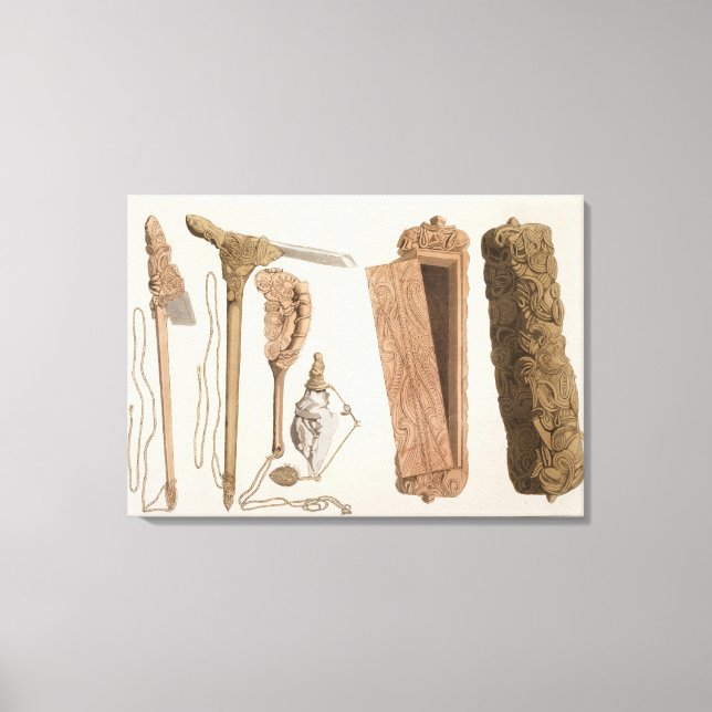 Carved and decorated Aboriginal tools, illustratio Canvas Print (Front)