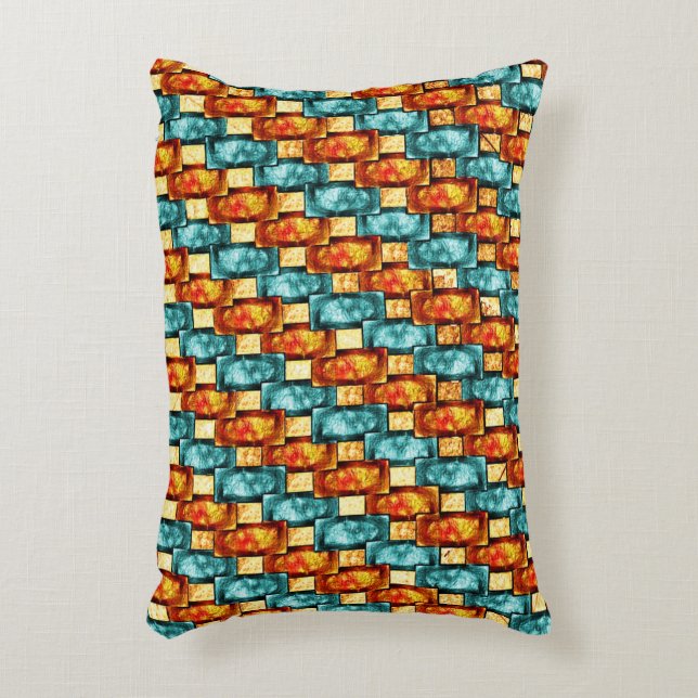 Carved and stained cyan orange rectangular plates accent pillow (Front(Vertical))
