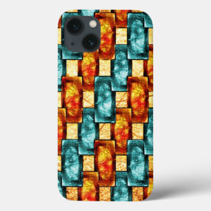 Carved and stained cyan orange rectangular plates iPhone 13 case