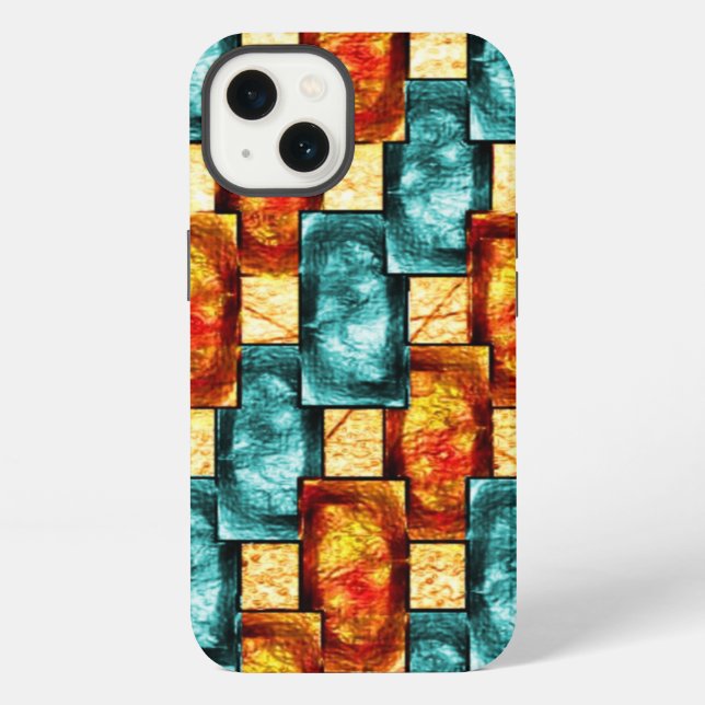 Carved and stained cyan orange rectangular plates iPhone case (Back)