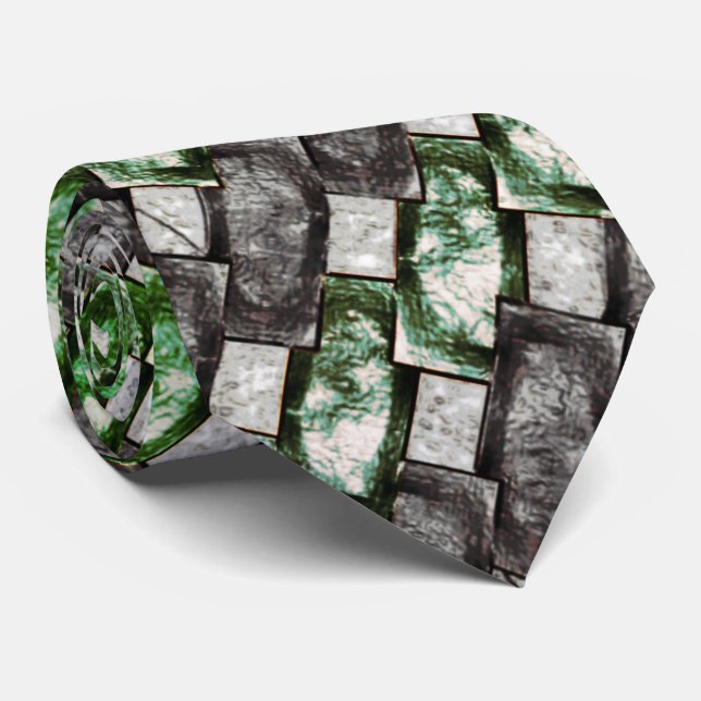 Carved and stained green gray rectangular pieces tie (Rolled)