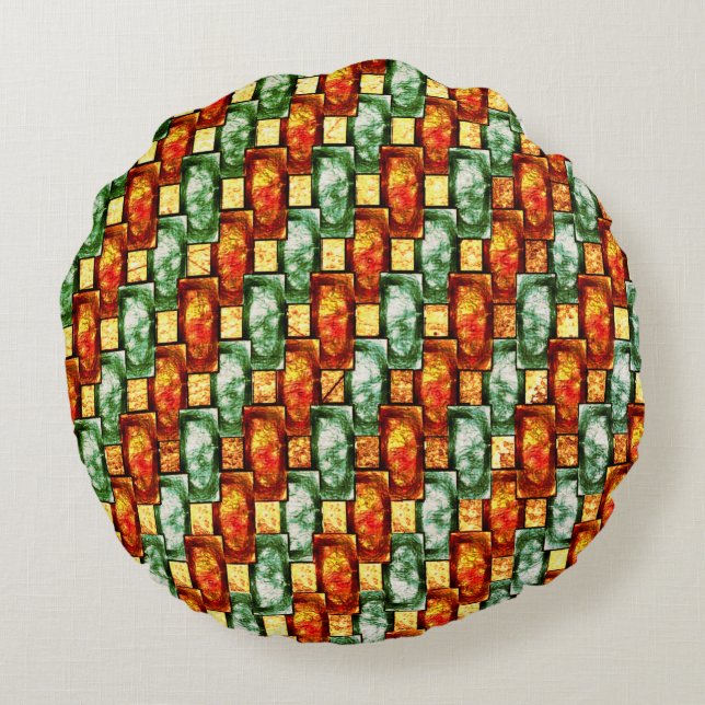 Carved and stained green orange rectangular plates round pillow (Back)