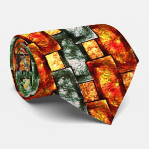 Carved and stained green red rectangular plaques tie