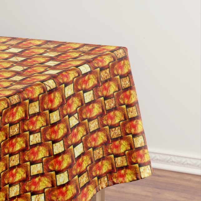 Carved and stained orange brown rectangular plates tablecloth (In Situ)
