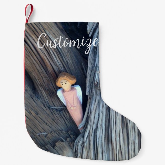 Carved angel in tree Thunder Cove Small Christmas Stocking (Front)