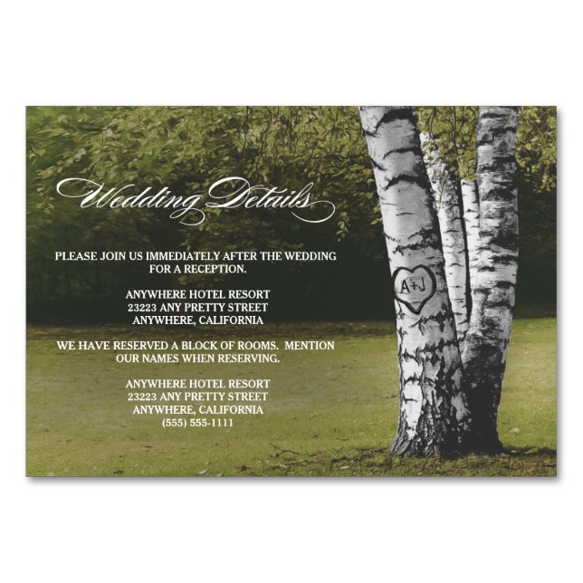 Carved Birch Tree Wedding Reception + Hotel Cards (Front)