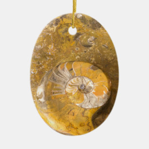 Carved Bowl Made of Fossils in Rock Closeup Photo Ceramic Ornament