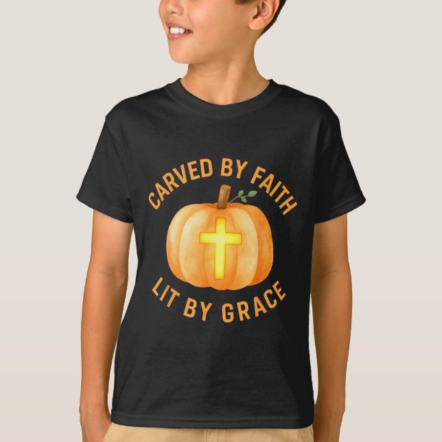 Carved By Faith Lit By Grace Pumpkin Cross Christi T-Shirt (Front)