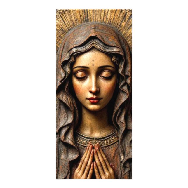Carved Devotion  Wooden Mary Rack Card (Front)