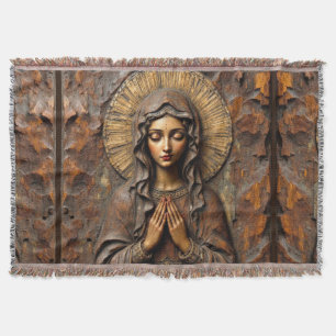 Carved Devotion  Wooden Mary Throw Blanket