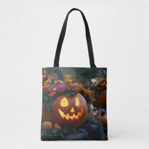 Carved Halloween pumpkins decorated with flowers Tote Bag
