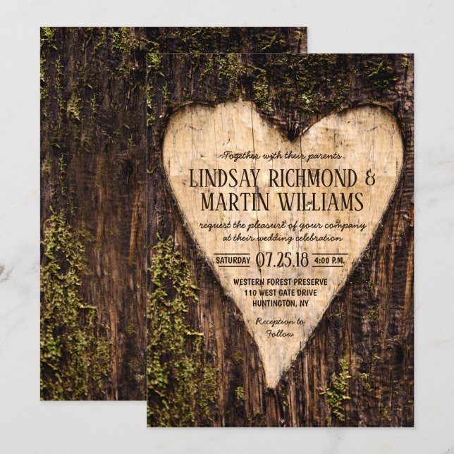 Carved Heart Country Rustic Tree Wedding Invitation (Front/Back)