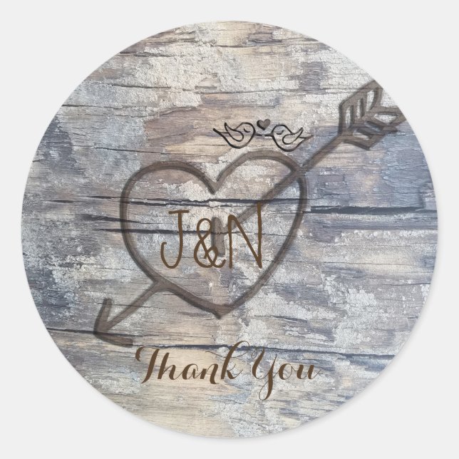 Carved Heart in Wood Love Birds Wedding Favour Classic Round Sticker (Front)