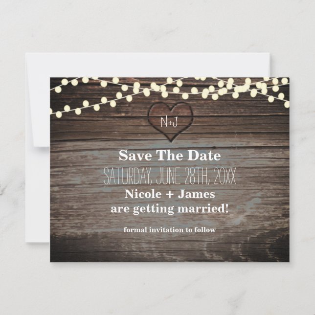 Carved Heart in Wood & String Lights Save the Date (Front)
