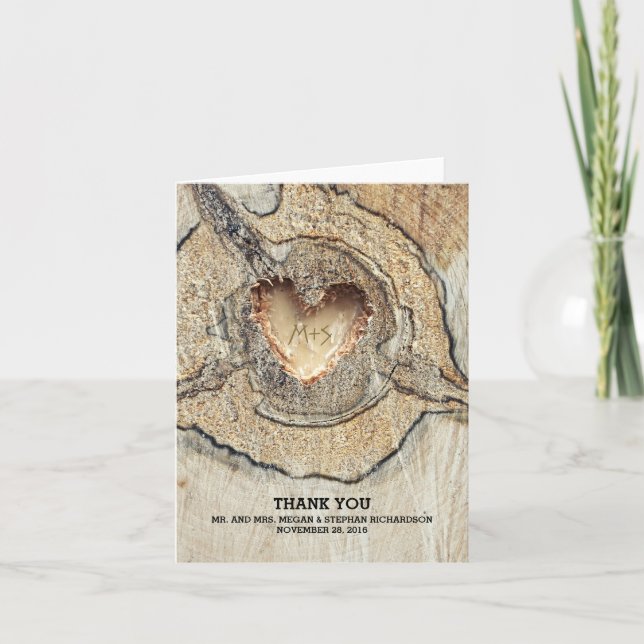 Carved Heart Rustic Tree Wood Wedding Thank You Card (Front)
