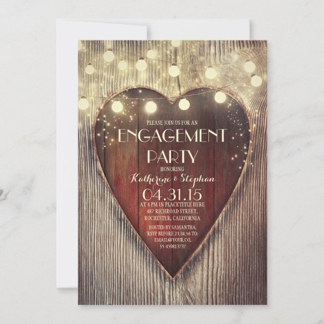 carved heart string lights wooden engagement party invitation (Front)
