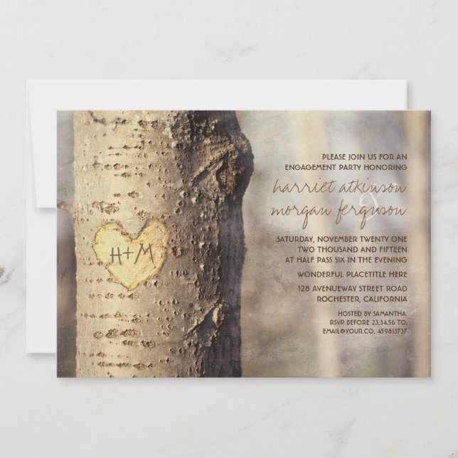 carved heart tree rustic engagement party invitation (Front)