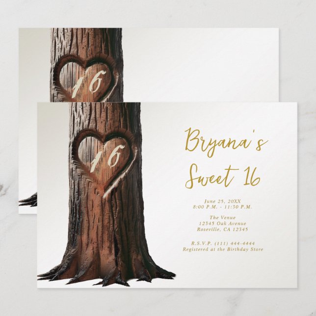 Carved Heart Tree Stump Rustic Minimal Sweet 16 Invitation (Front/Back)
