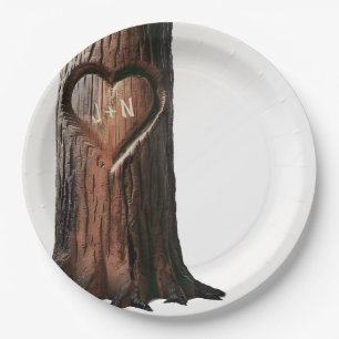 Carved Heart Tree Stump Rustic Minimal Wedding Paper Plate