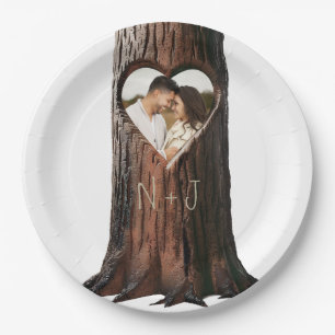 Carved Heart Tree Stump Rustic Minimal Wedding Paper Plate