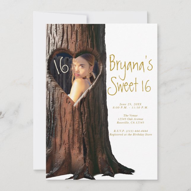Carved Heart Tree Stump Rustic Photo Sweet 16 Invitation (Front)