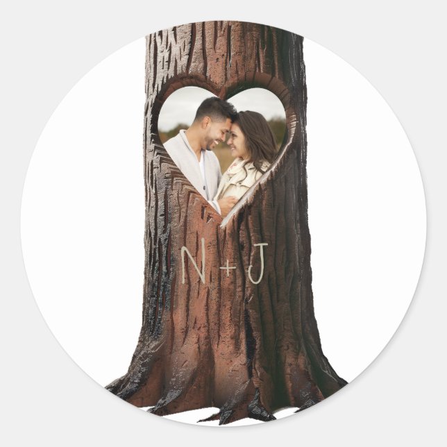 Carved Heart Tree Stump Rustic Photo Wedding Classic Round Sticker (Front)