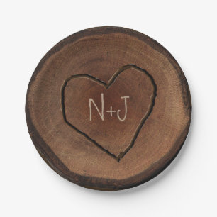 Carved Heart Wood Tree Bark Rustic Wedding Favour Paper Plate