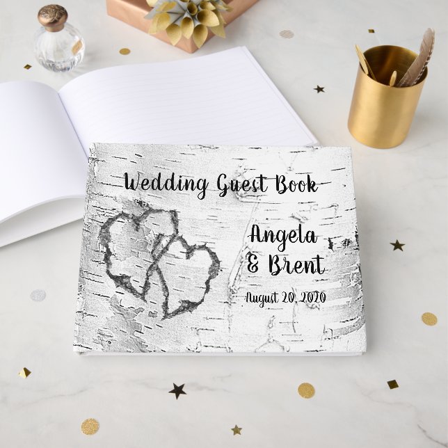 Carved Hearts Birch Tree Bark Guest Book (Front Open)