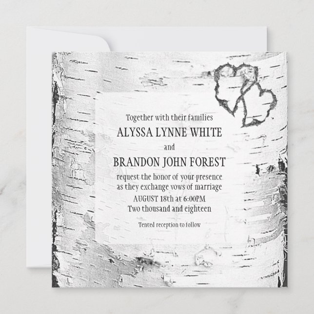 Carved Hearts Birch Tree Bark Wedding Invite (Front)