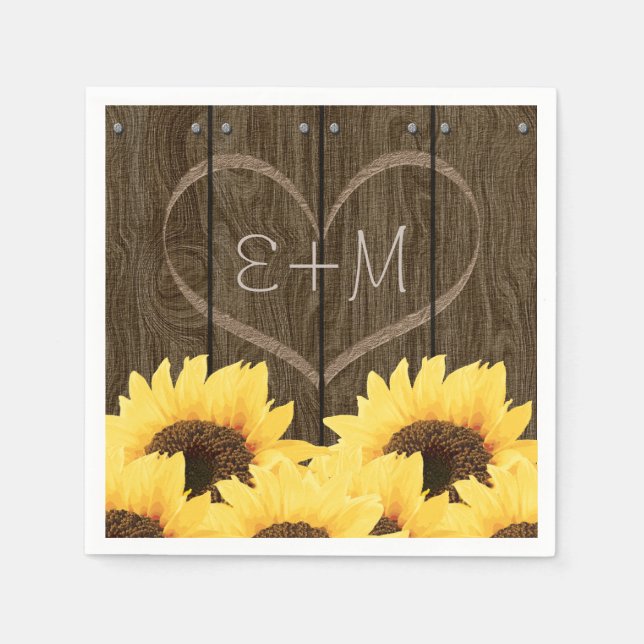 CARVED INITIALS INSIDE HEART RUSTIC SUNFLOWER NAPKIN (Front)