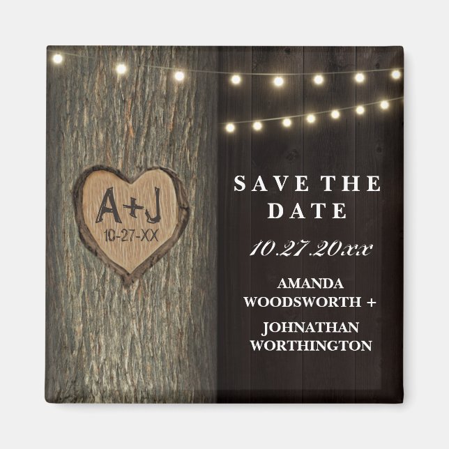 Carved Initials Old Oak Tree Wedding Save The Date Magnet (Front)