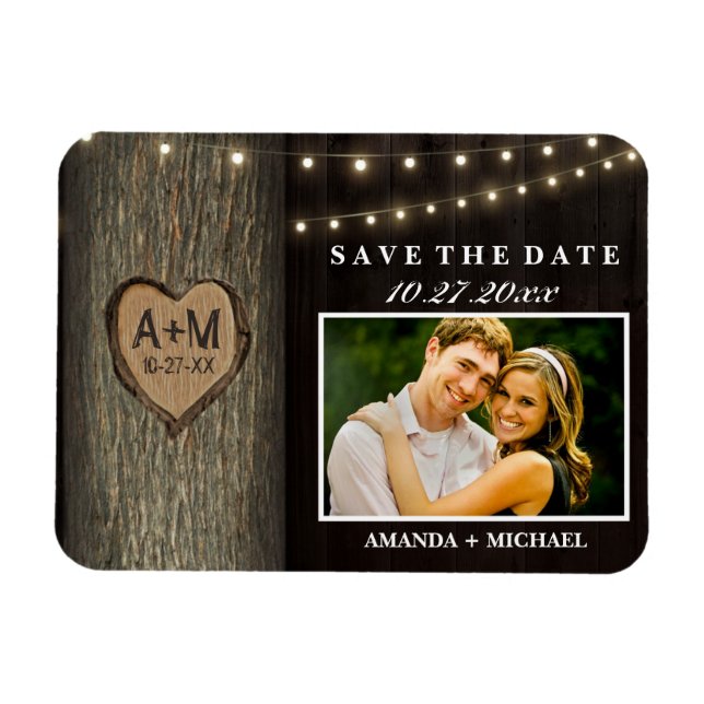 Carved Initials Old Oak Tree Wedding Save The Date Magnet (Horizontal)