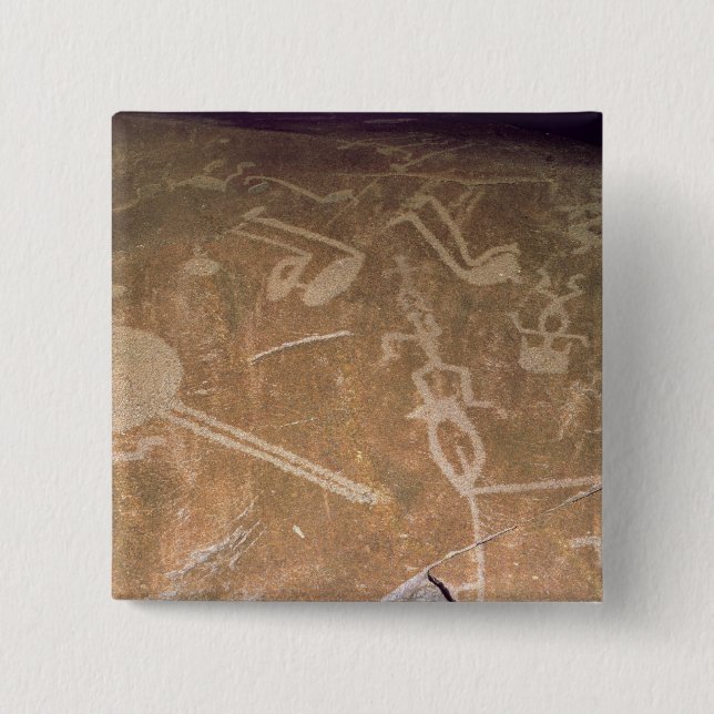 Carved petroglyph depicting figures 2 inch square button (Front)