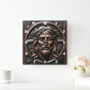 Carved Portrait of Jesus With Ornate Background Square Wall Clock