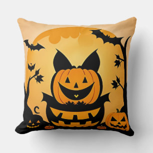 Carved Pumpkins and Bats in Silhouette Throw Pillow
