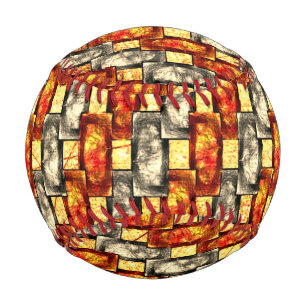 Carved rectangular pieces lined in beige and red baseball