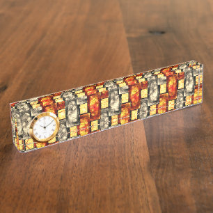 Carved rectangular pieces reddish and beige align nameplate