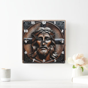 Carved Relief of Jesus With Crosses Background Square Wall Clock