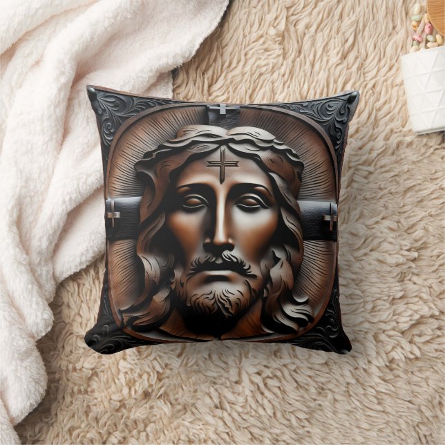 Carved Relief of Jesus With Crosses Background Throw Pillow (Blanket)