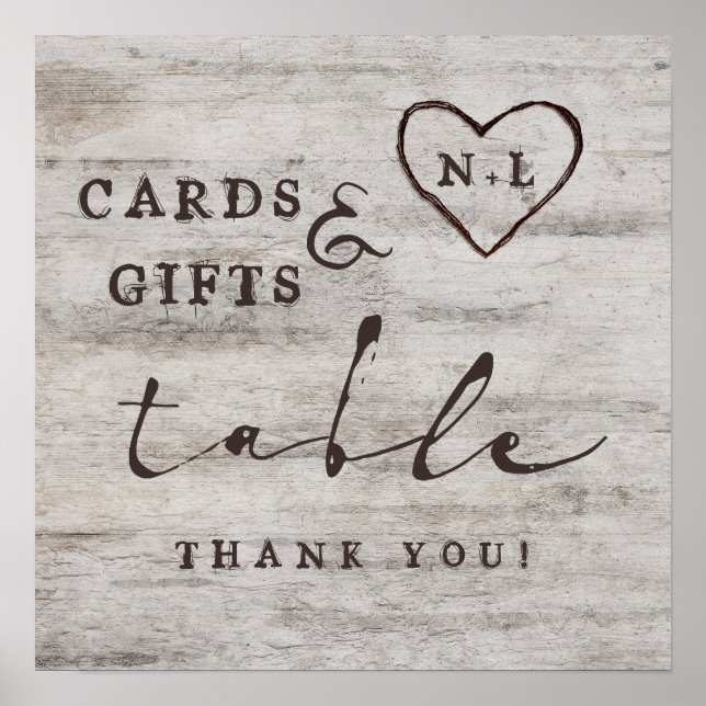 Carved Sweetheart Cards & Gifts Wedding Table Sign (Front)