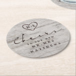Carved Sweethearts Cheers to the new Mr. & Mrs. Round Paper Coaster<br><div class="desc">Carved Sweethearts Rustic Birch Wood with Aged Grey & Off White Birch Tree Bark Design, and a distressed patina weathered look. This reclaimed lumber design features the couple's initials carved into the heart shape within the tree. Also, distressed typography country chic fonts, along with an elegant vintage handwriting script font....</div>