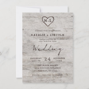 Carved Sweethearts Rustic Birch Monogram Wedding Invitation