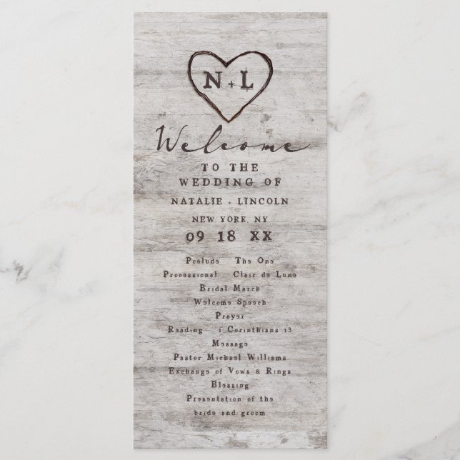 Carved Sweethearts Rustic Birch Wedding Ceremony Program (Front)