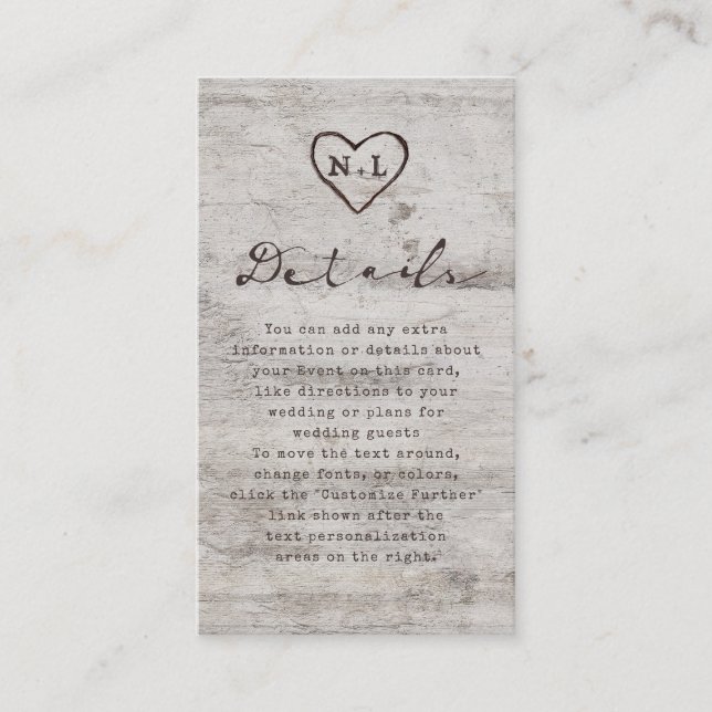 Carved Sweethearts Rustic Birch Wedding Details Enclosure Card (Front)