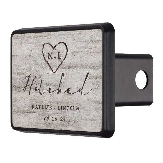 Carved Sweethearts Rustic Birch Wedding Hitched Trailer Hitch Cover (Left)