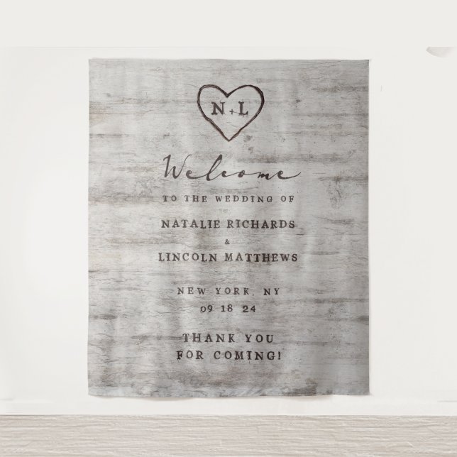 Carved Sweethearts Rustic Birch Wedding Welcome Tapestry (Front)