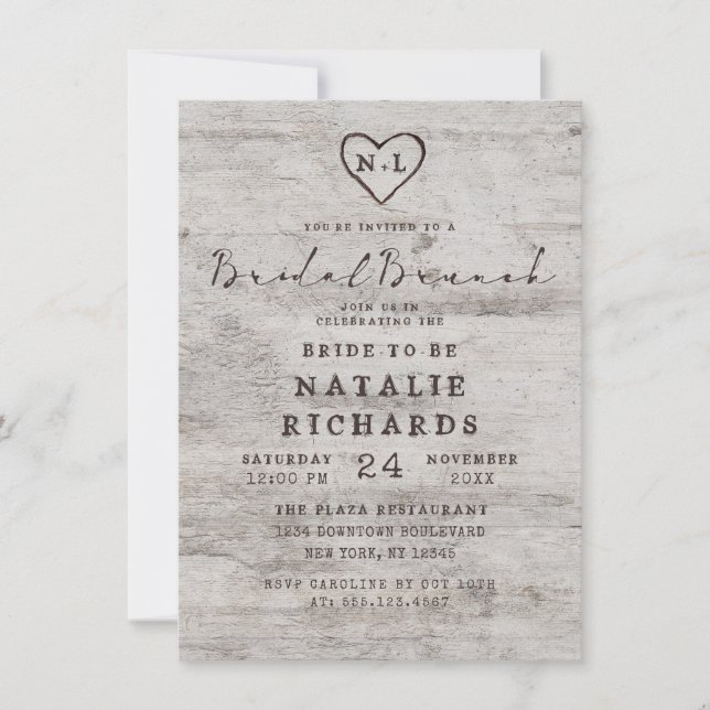 Carved Sweethearts Rustic Bridal Brunch Shower Invitation (Front)